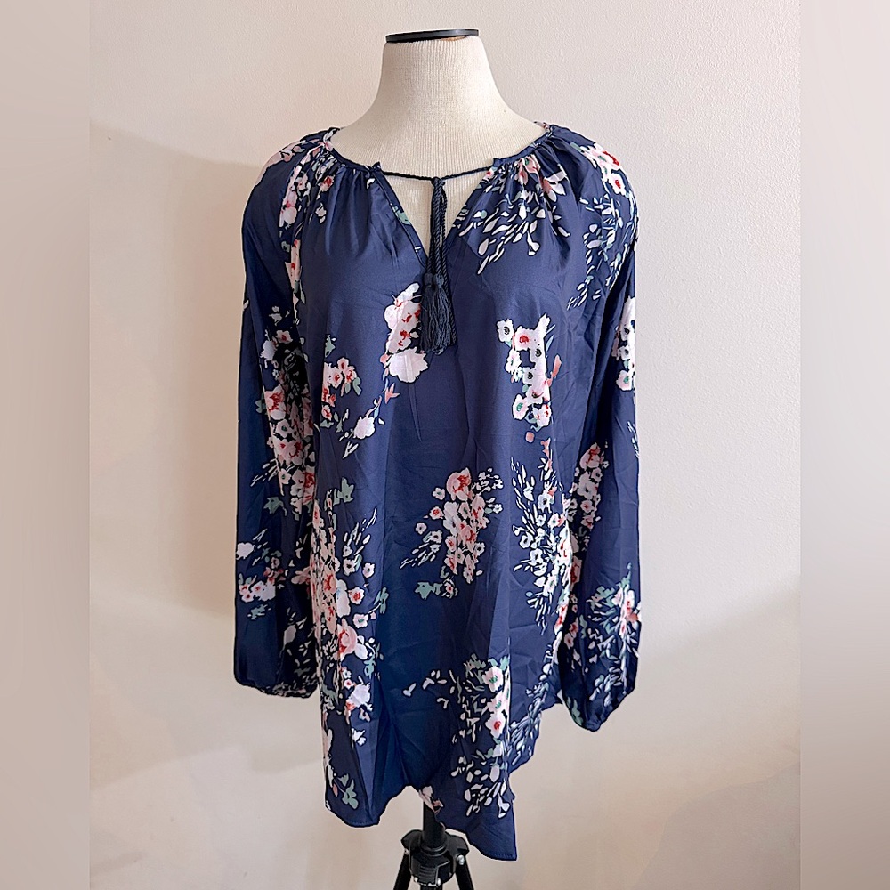 Navy Blue Floral Long Sleeve Lightweight Blouse Top 2X New with Tags